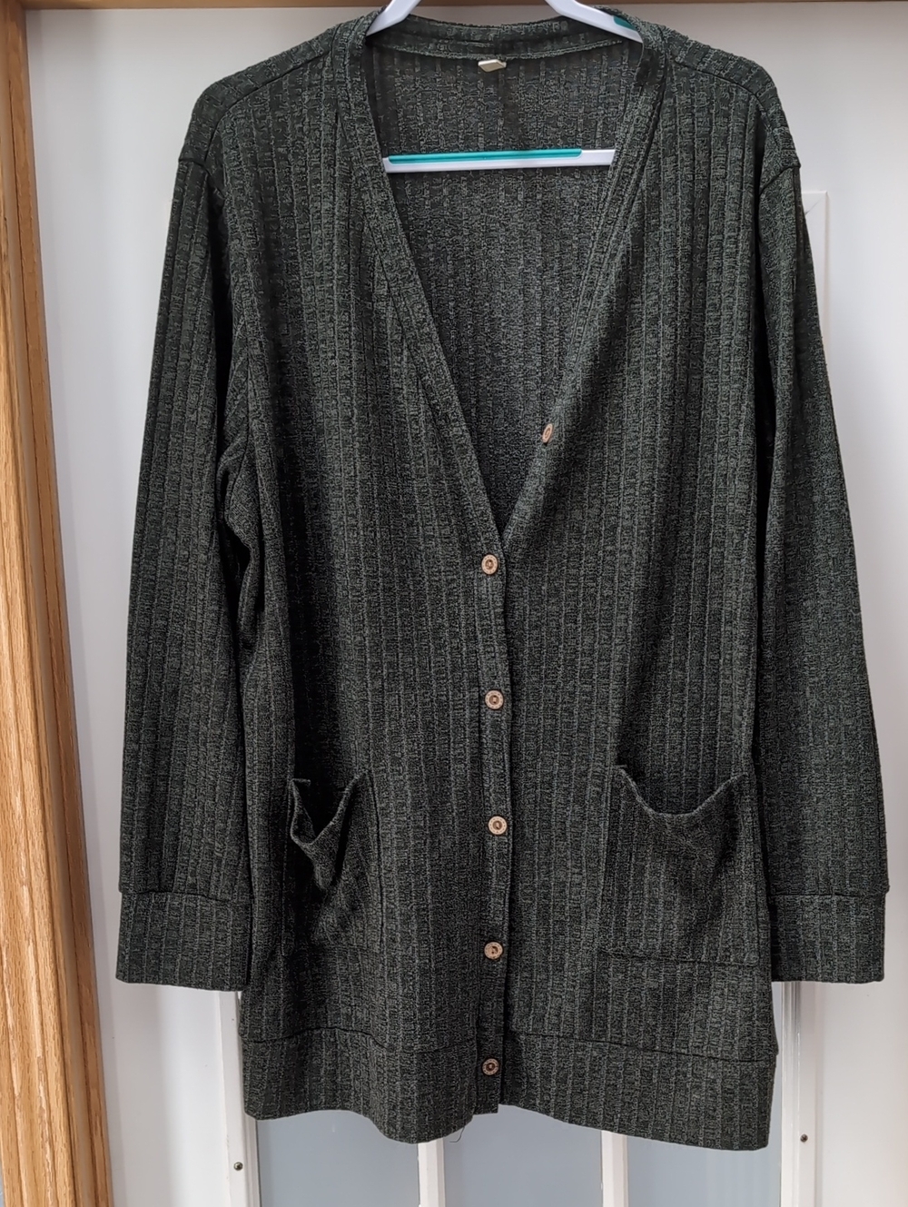 Long Rib-Knit Button-Front Cardigan Sweater - Dark Green